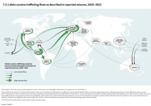Flujos del tráfico de cocaína según las incautaciones reportadas, 2020-2023 (Fuente: UNODC)